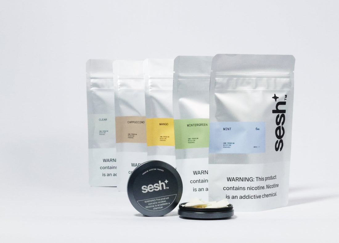 SESH+™ products nicotine pouch flavors and tin.