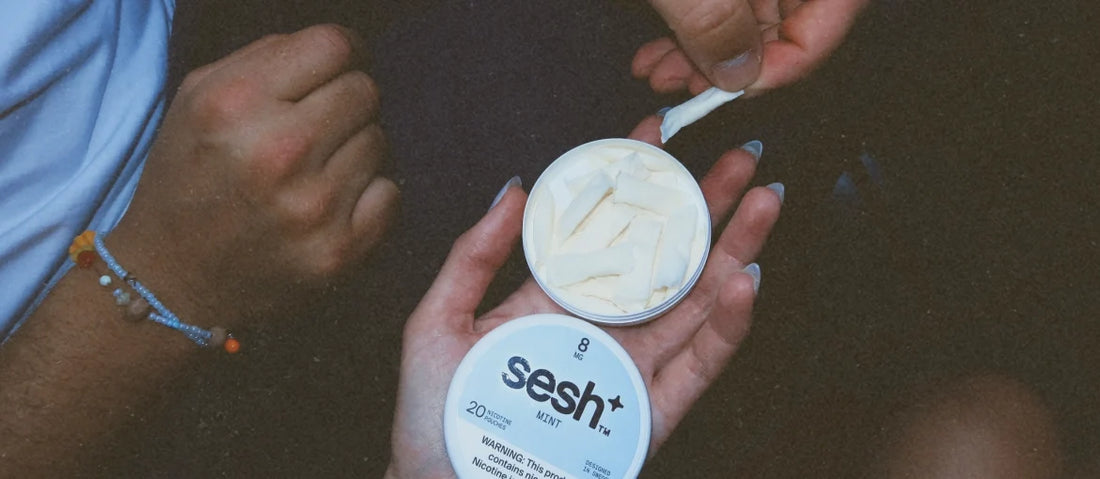 Hands sharing SESH+™  mint nicotine pouches.